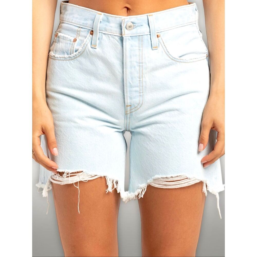 Levi’s 501 Mid Thigh Shorts High Rise Light Wash Button Fly Distresses Denim NWT - Picture 2 of 13